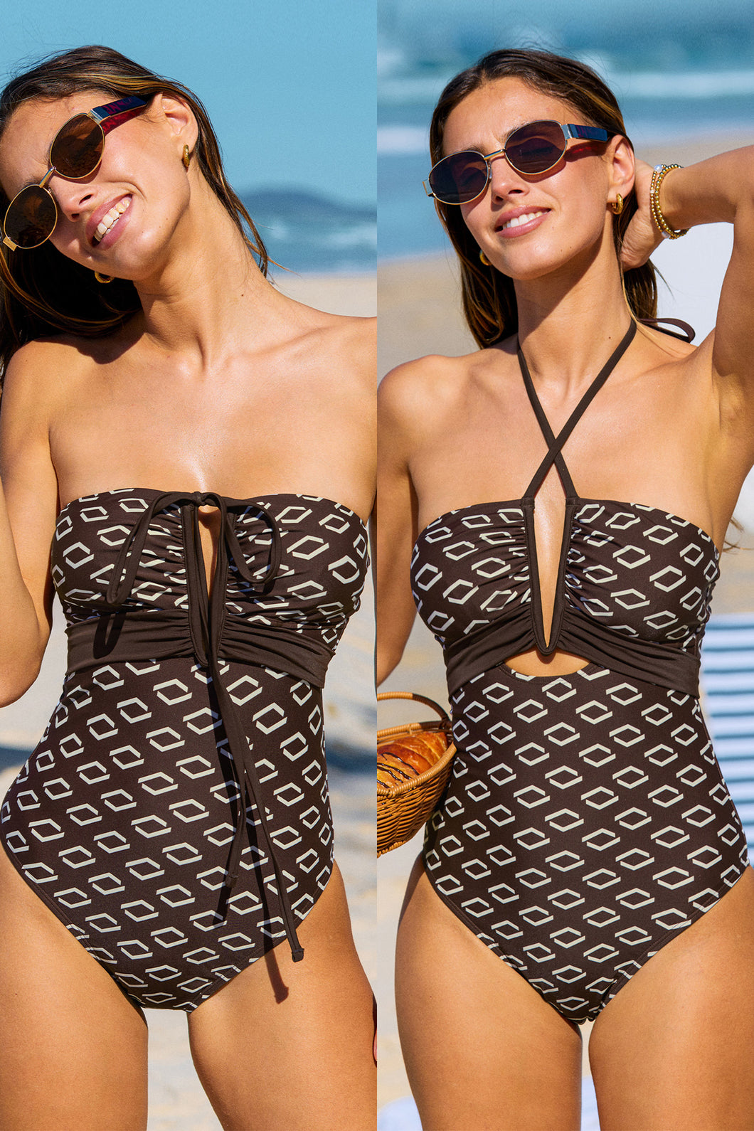 Tiefer Ausschnitt Neckholder-Badeanzug mit Geo-Print