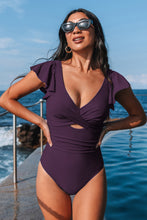Lade das Bild in den Galerie-Viewer, Weinfarbener Bauchweg-Badeanzug mit Flatterärmeln
