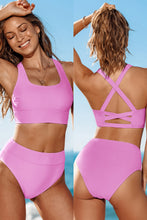 Lade das Bild in den Galerie-Viewer, Rosa High-Waist Bikini-Set mit gekreuzten Trägern
