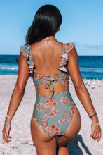 Lade das Bild in den Galerie-Viewer, Floraler Badeanzug mit Flatterträgern und Schnürung
