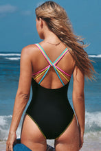 Lade das Bild in den Galerie-Viewer, Schwarzer Rundhals-Badeanzug mit mehrfarbigen Trägern
