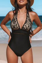 Lade das Bild in den Galerie-Viewer, Schwarzer Neckholder-Badeanzug mit geblümter Spitze

