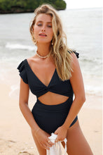 Lade das Bild in den Galerie-Viewer, Schwarzer Badeanzug mit Flatterärmeln und tiefem Ausschnitt
