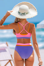 Lade das Bild in den Galerie-Viewer, Pink-Lila High-Waist Colorblock-Bikini-Set
