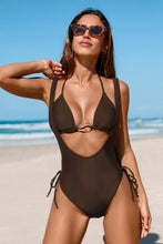 Lade das Bild in den Galerie-Viewer, Braunes 3-teiliges Doppelte Tr?ger Bikini-Set mit Sarong
