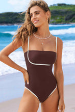 Lade das Bild in den Galerie-Viewer, Brauner Badeanzug mit Kontrastbesatz und quadratischem Ausschnitt
