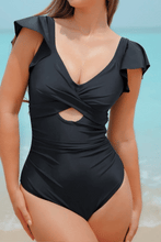 Lade das Bild in den Galerie-Viewer, Schwarzer Bauchweg-Badeanzug mit Flatterärmeln
