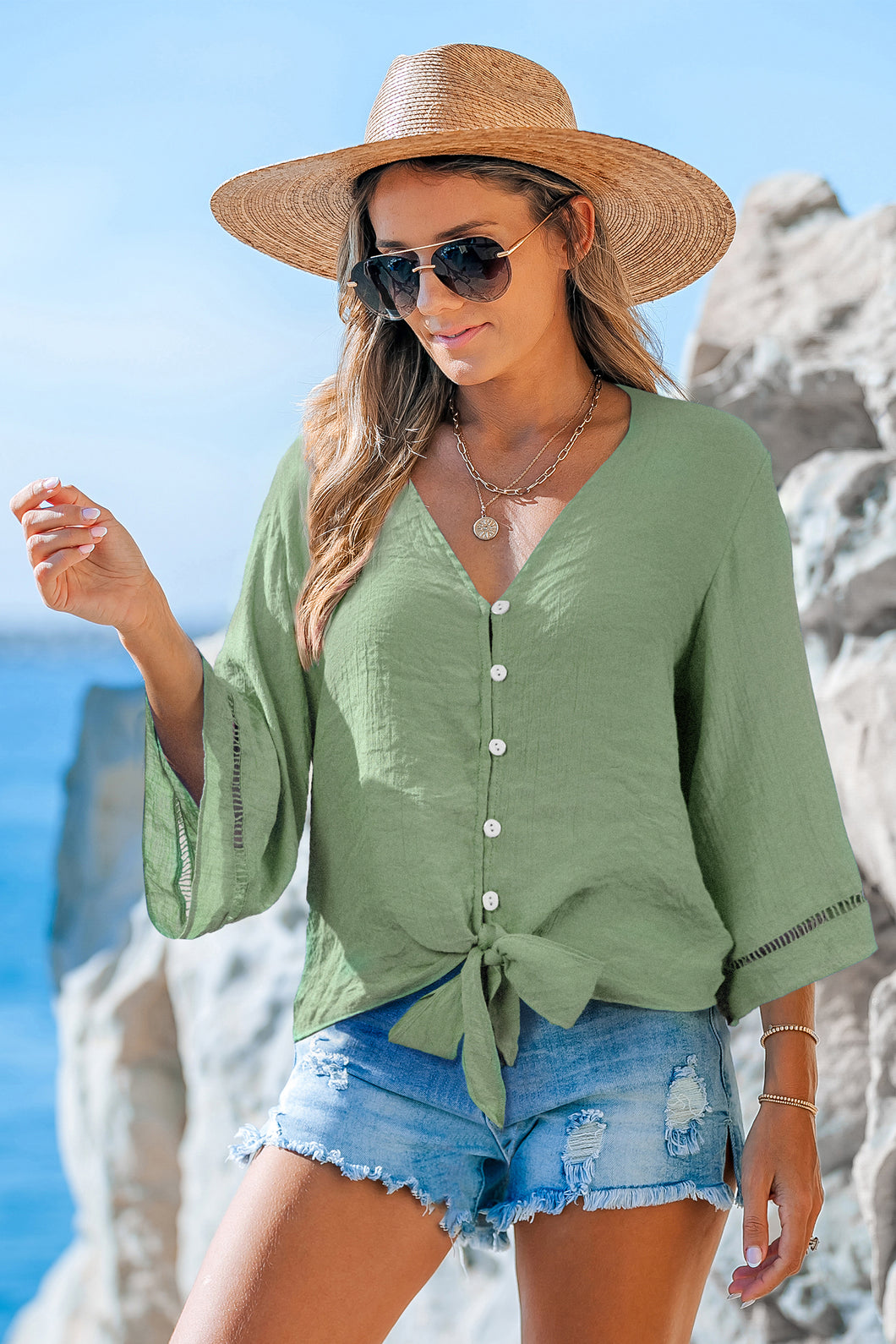 Aqua geknöpftes Strandtop mit Knopfleiste