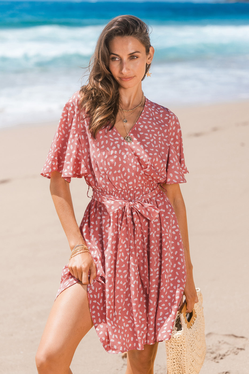 Abstraktes Mini-Wickelkleid mit Bindeband