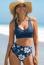 Lade das Bild in den Galerie-Viewer, Blaues High-Waist Bikini-Set mit Blumenmuster
