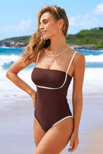 Lade das Bild in den Galerie-Viewer, Brauner Badeanzug mit Kontrastbesatz und quadratischem Ausschnitt
