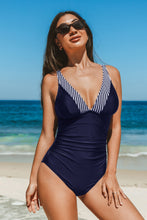 Lade das Bild in den Galerie-Viewer, Marinefarbener gestreifter Badeanzug mit tiefem Ausschnitt
