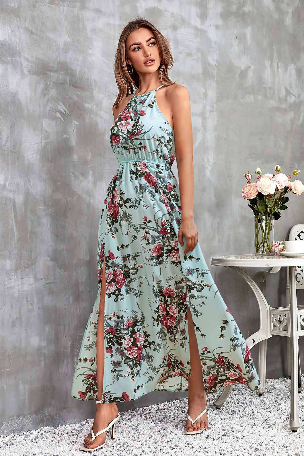 Ärmelloses Blaues Hoher Ausschnitt Maxikleid