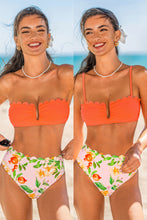 Lade das Bild in den Galerie-Viewer, Orange Mid-Waist Bikini-Set mit Blumenmuster
